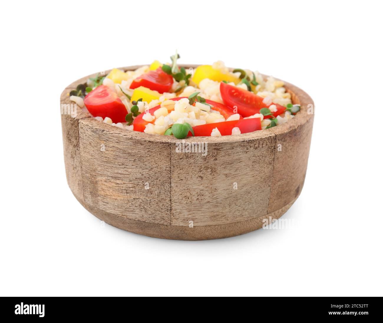 Bulgerty Eatable Cooked bulgur with vegetables in wooden bowl isolated on white Stock ...