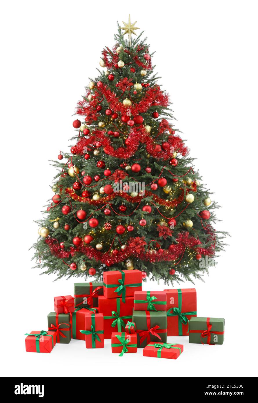 Beautiful decorated Christmas tree and gift boxes isolated on white ...