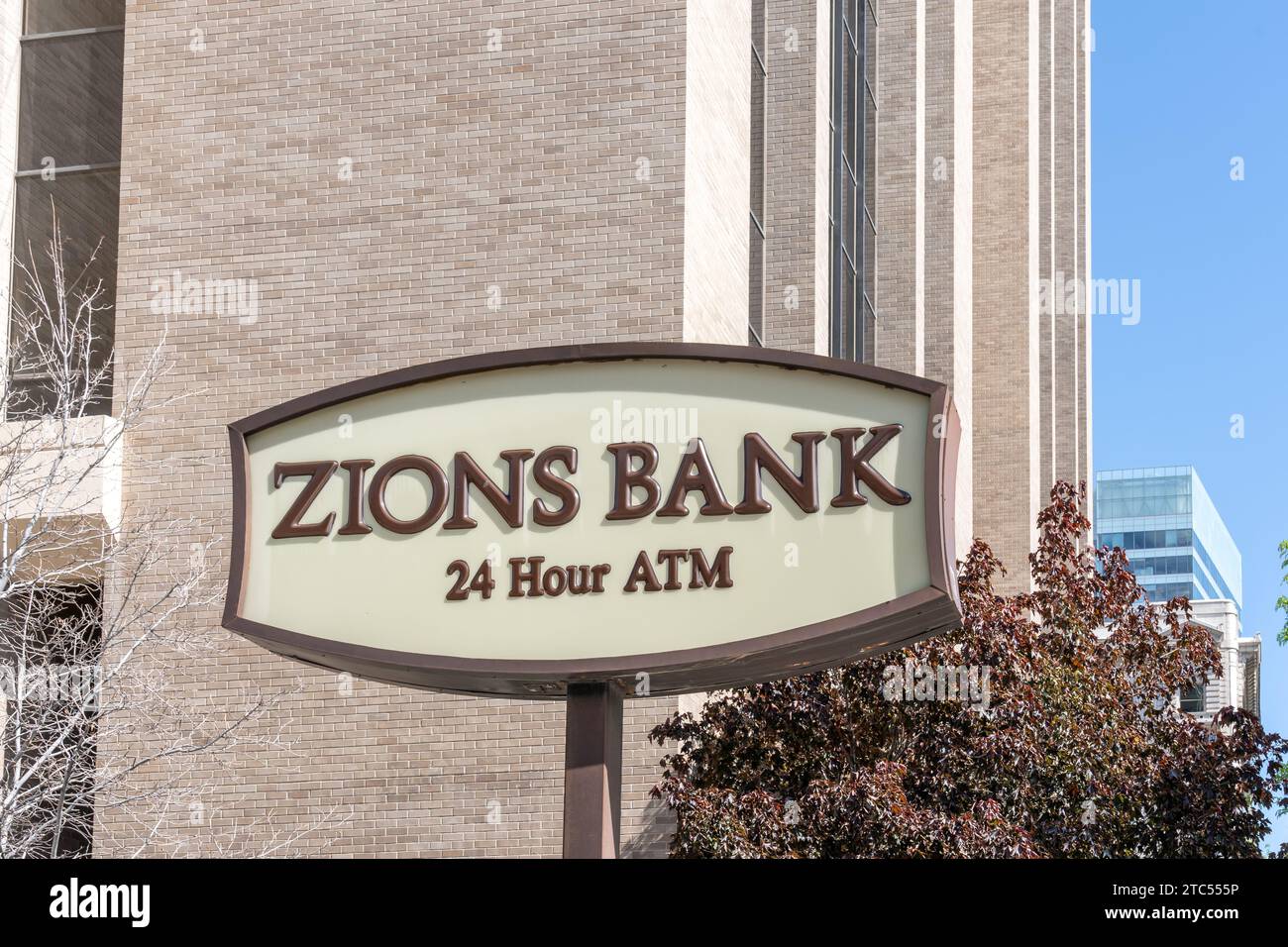 A Zions Bank sign outside one of the branches in Salt Lake City, Utah