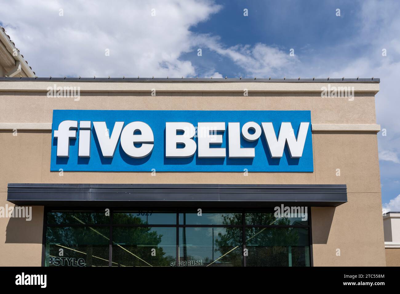 Closeup of five BELOW store logo sign on the building in Salt Lake City  Utah, USA Stock Photo