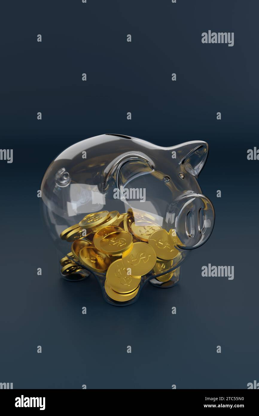 Glass piggy bank with coins inside on dark background. 3d illustration ...
