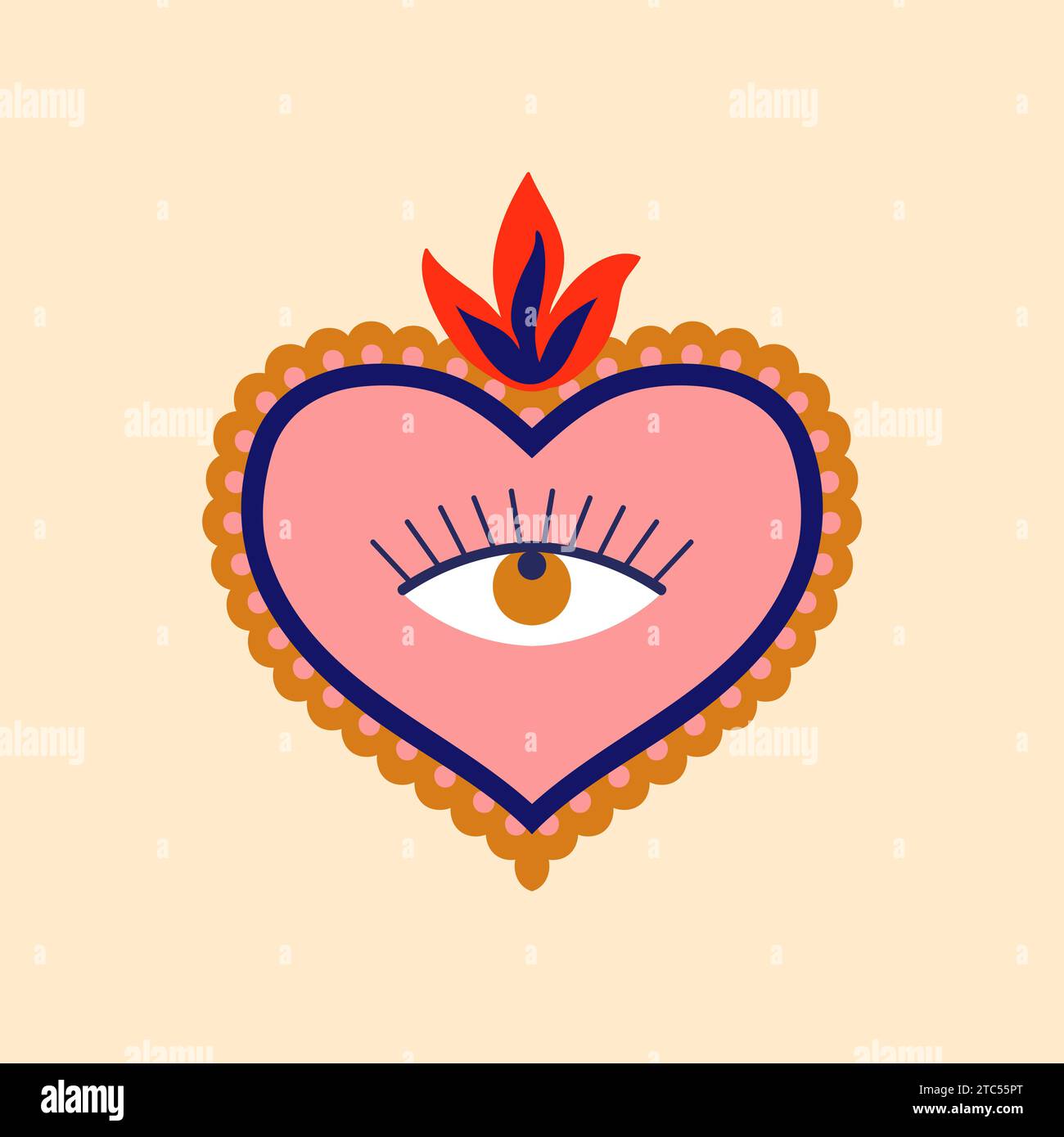 Mexico sacred heart retro sticker. Mexico spiritual decoration, Christian religion sacred symbol apparel print or Latin America culture love tattoo or God heart with fire and eye vector patch Stock Vector