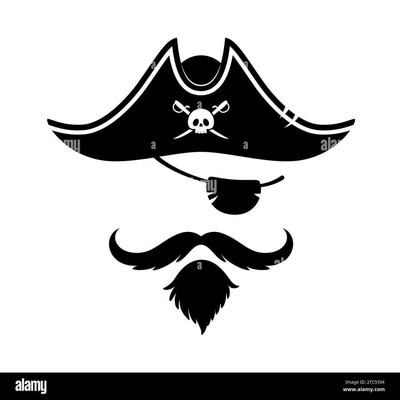 Pirate captain photo booth mask of tricorn and eyepatch, cartoon vector. Caribbean pirate or corsair sailor photo booth face effect mask of captain hat with skull and crossbones, eyepatch and beard Stock Vector