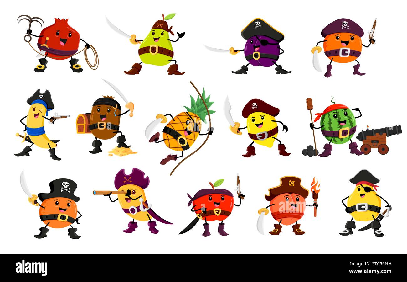 Cartoon fruit pirate and corsair fruit characters. Isolated vector ...