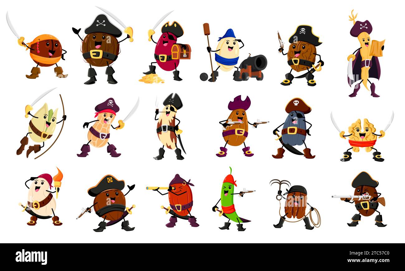Cartoon nut, bean and legume pirate and corsair characters. Vector macadamia, coconut, kidney and pumpkin or sunflower seed. Walnut, soybean pod, pistachio and peanut. Brazil, almond or cashew grains Stock Vector