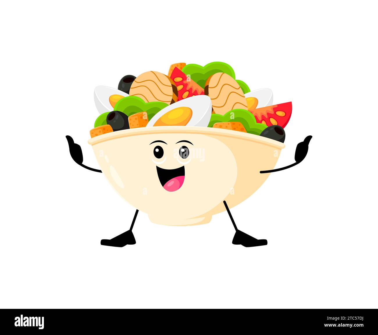 Cartoon cheerful funny salad bowl takeaway fast food character