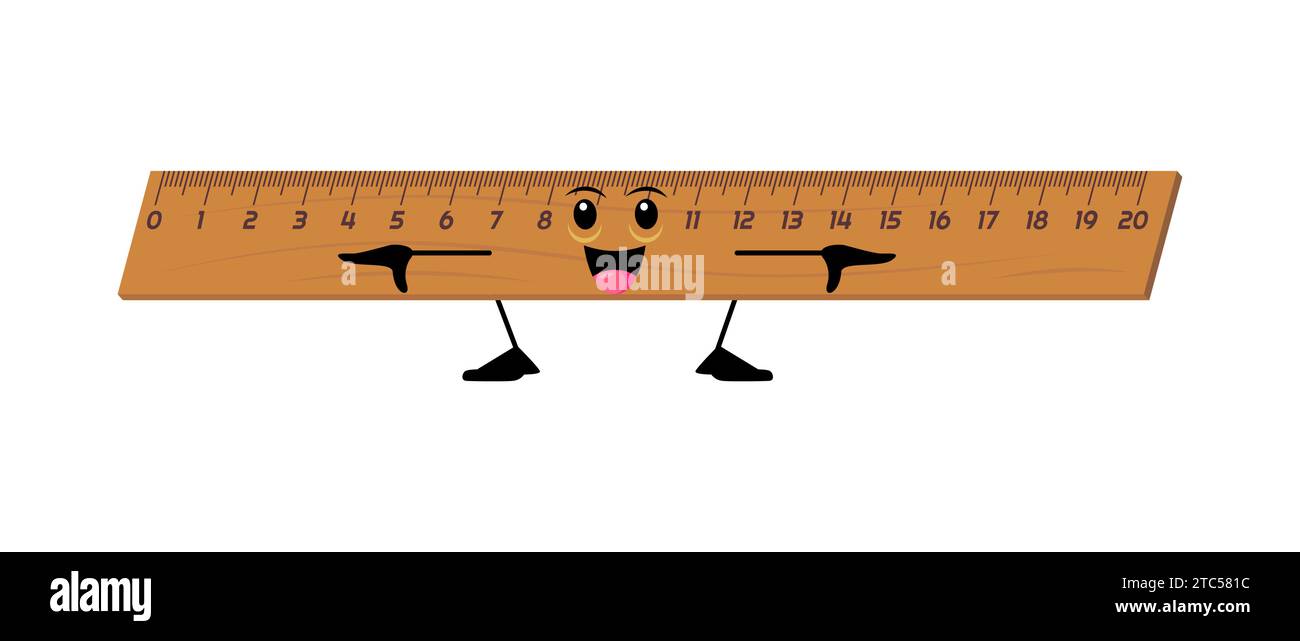 Cartoon cheerful funny ruler school stationery character. Isolated vector adorable measuring tool with a smiling face, markings, and a joyful personality, ready to measure and educate students Stock Vector