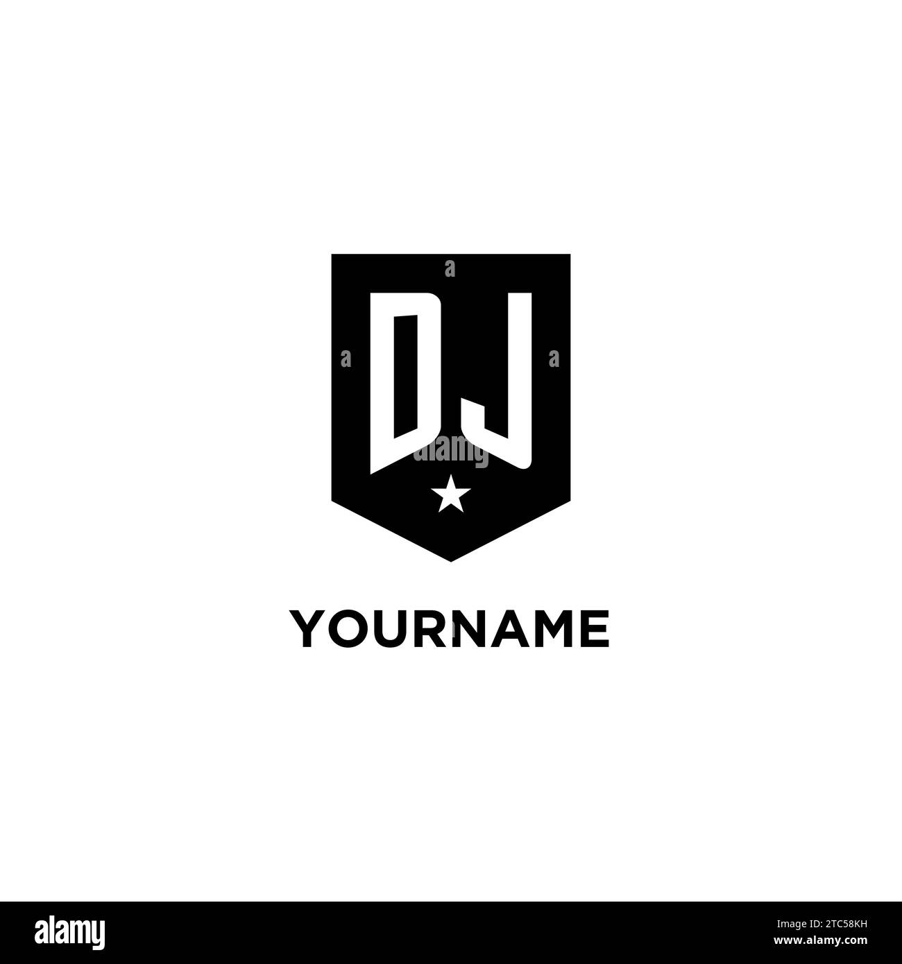 DJ monogram initial logo with geometric shield and star icon design style ideas Stock Vector