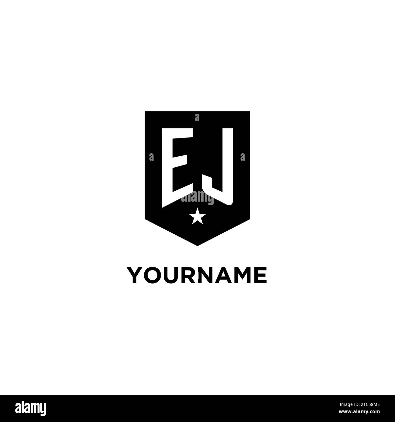 EJ monogram initial logo with geometric shield and star icon design style ideas Stock Vector