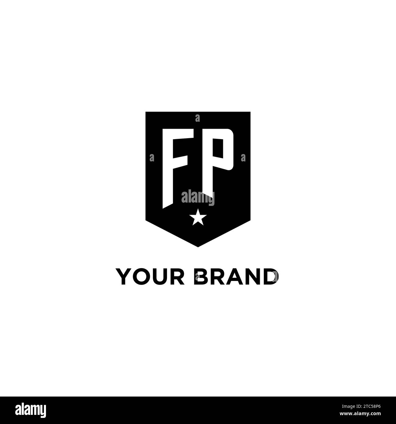 FP monogram initial logo with geometric shield and star icon design style ideas Stock Vector
