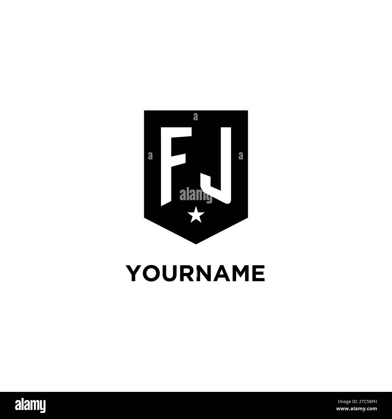 FJ monogram initial logo with geometric shield and star icon design style ideas Stock Vector