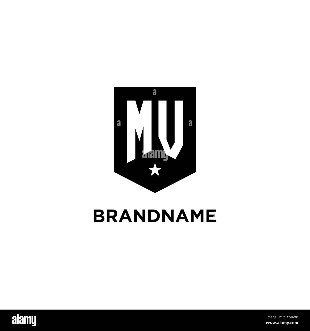 MV monogram initial logo with geometric shield and star icon design style ideas Stock Vector