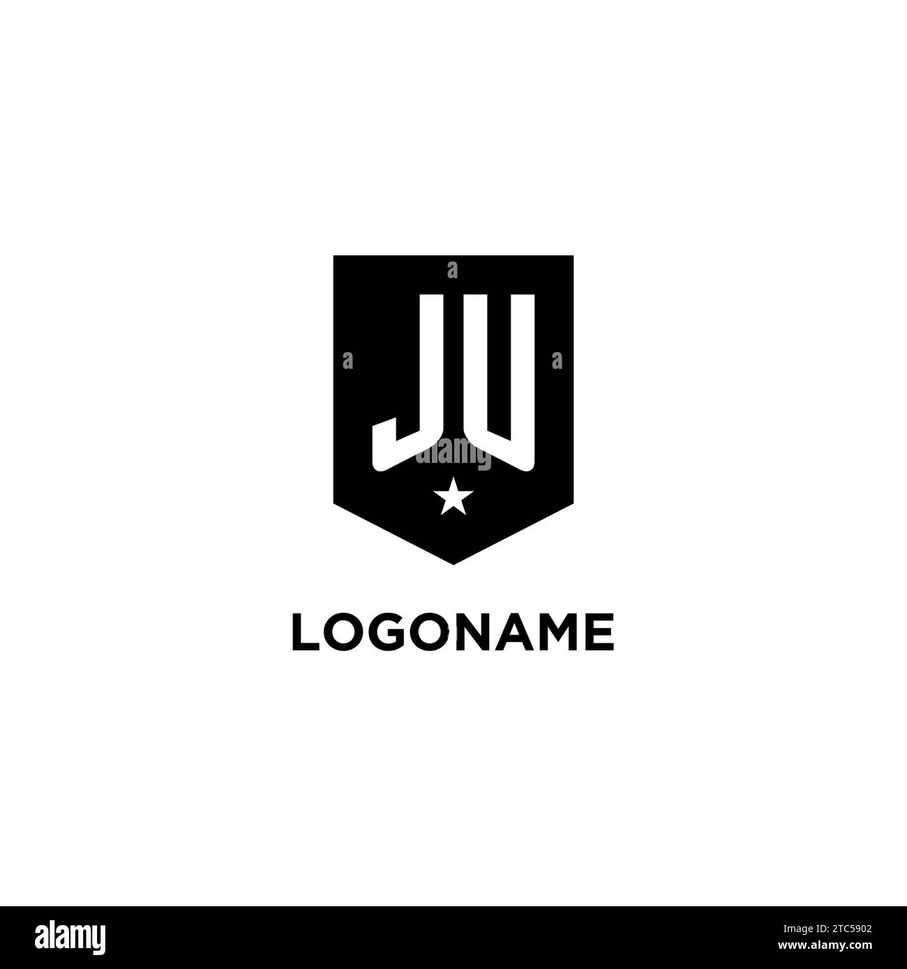JU monogram initial logo with geometric shield and star icon design style ideas Stock Vector