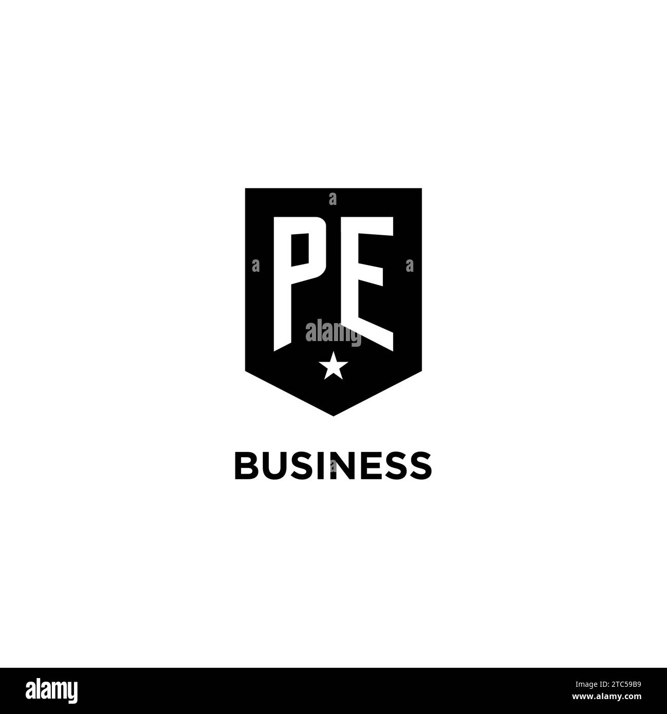 PE monogram initial logo with geometric shield and star icon design style ideas Stock Vector