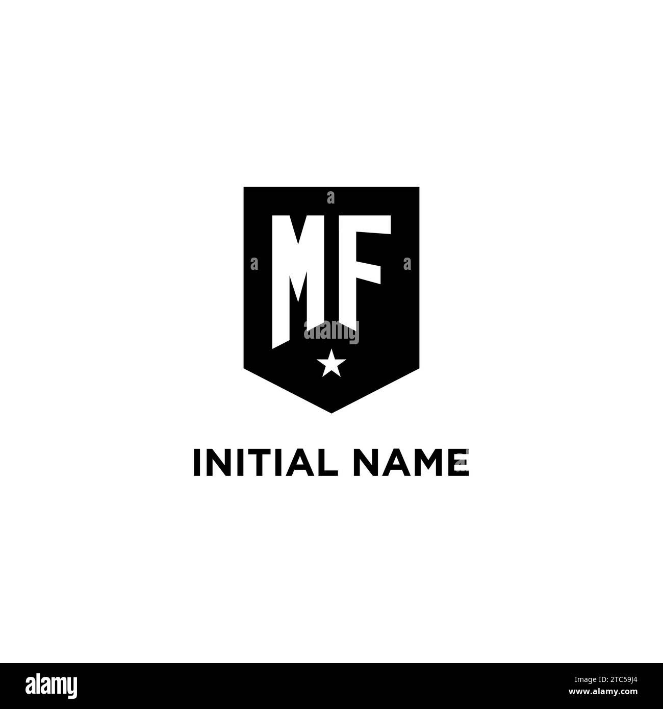 MF monogram initial logo with geometric shield and star icon design style ideas Stock Vector