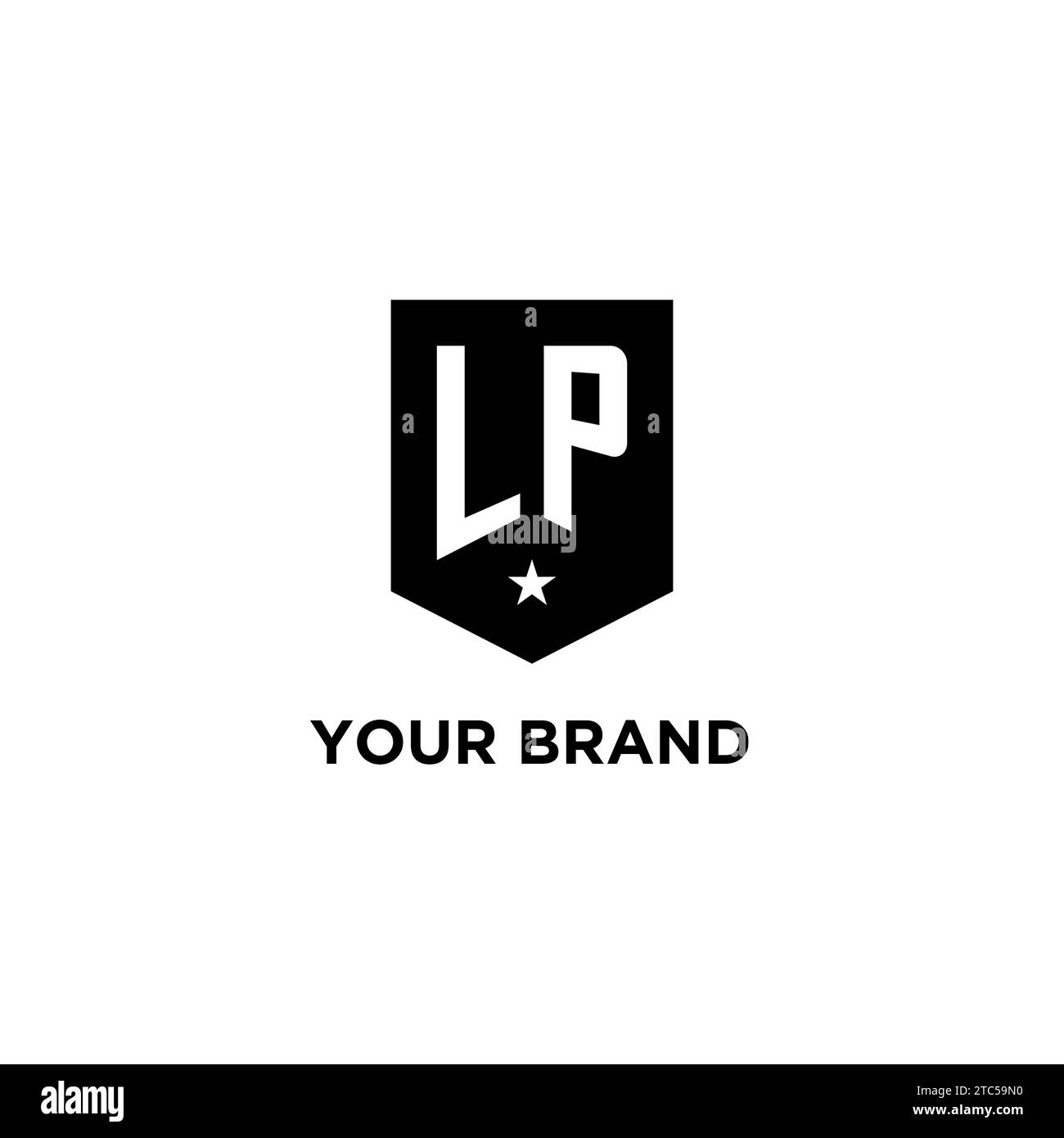 LP monogram initial logo with geometric shield and star icon design style ideas Stock Vector