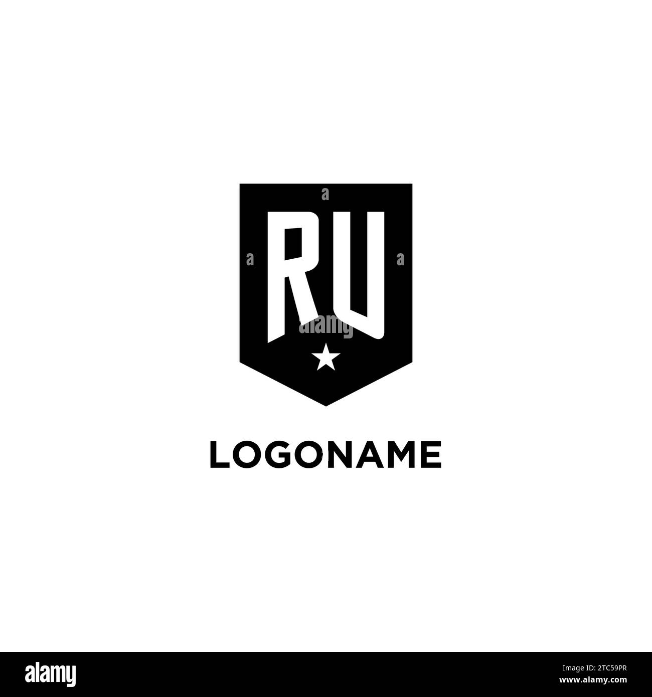RU monogram initial logo with geometric shield and star icon design style ideas Stock Vector