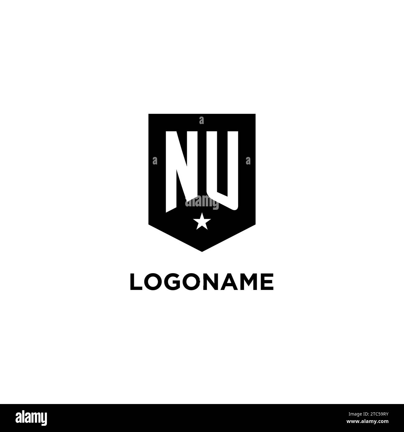 NU monogram initial logo with geometric shield and star icon design style ideas Stock Vector
