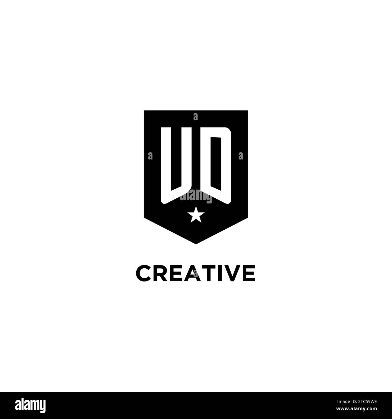 UD monogram initial logo with geometric shield and star icon design style ideas Stock Vector
