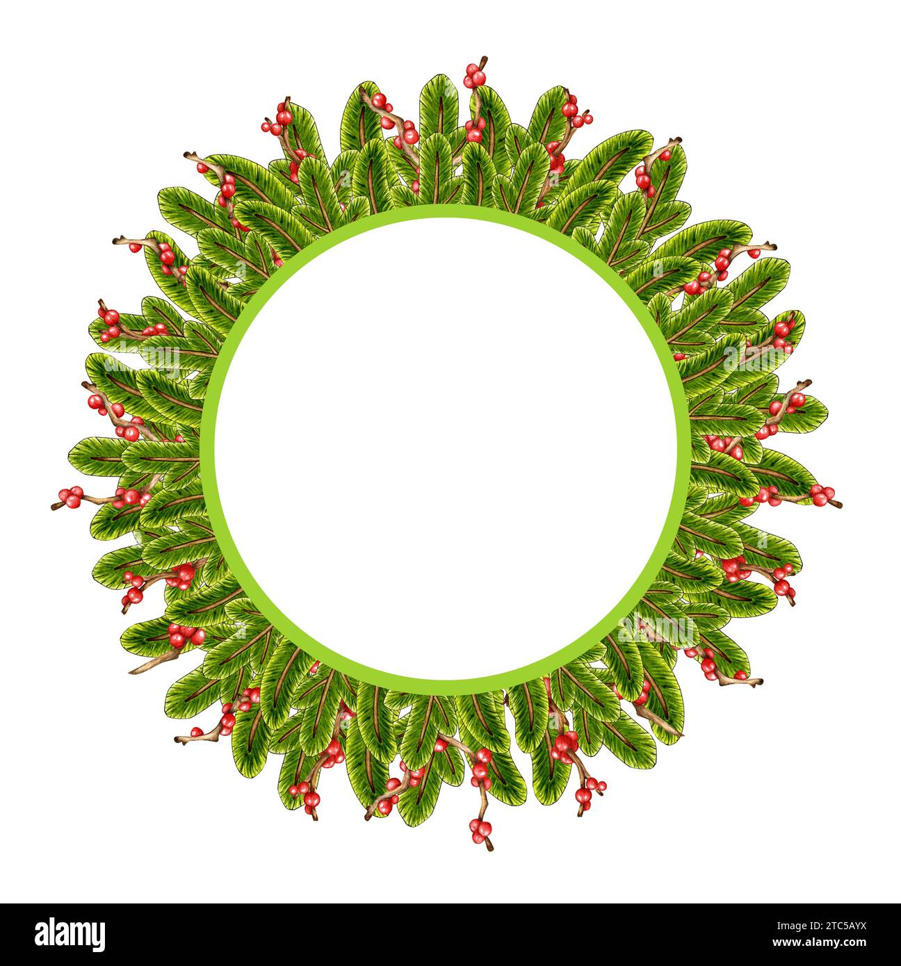 Watercolor illustration of a Christmas wreath made of fir branches and ...