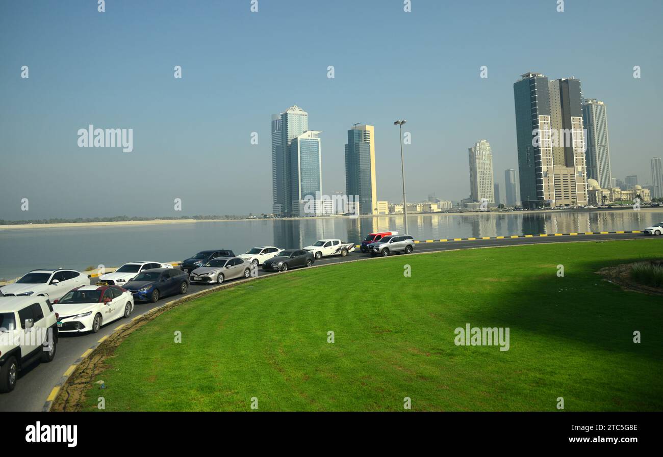 The changing urban skyline of Sharjah, UAE. Stock Photo