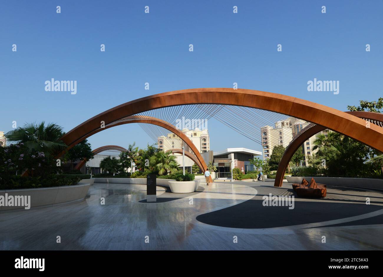 The open park near the entrance of The View at the Palm in Palm Jumeirah, UAE. Stock Photo
