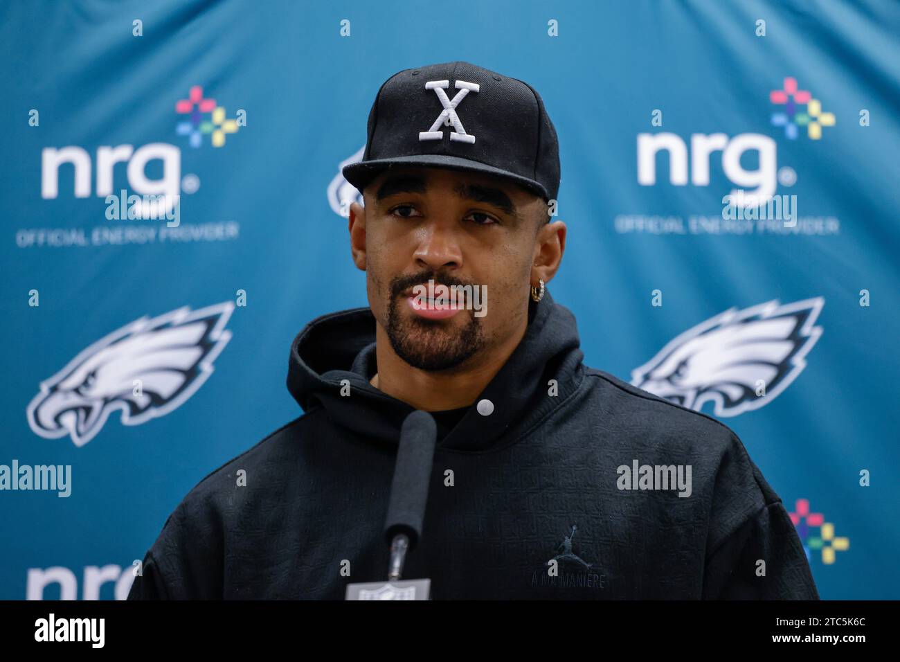 Philadelphia Eagles quarterback Jalen Hurts speaks to reporters ...