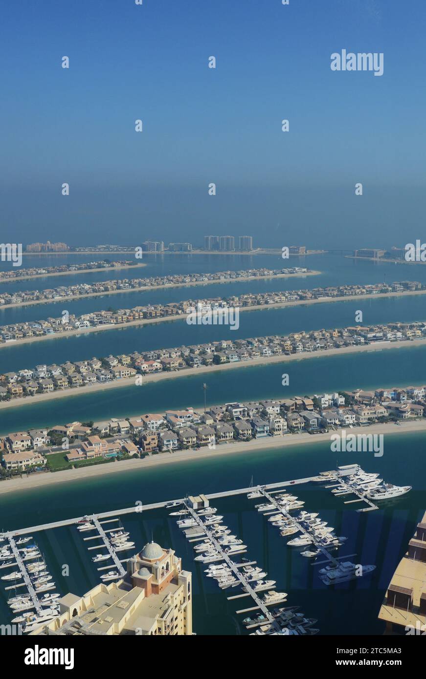 A view of the Palm Jumeirah from the  observation tower - View at t he Palm, Dubai, UAE. Stock Photo