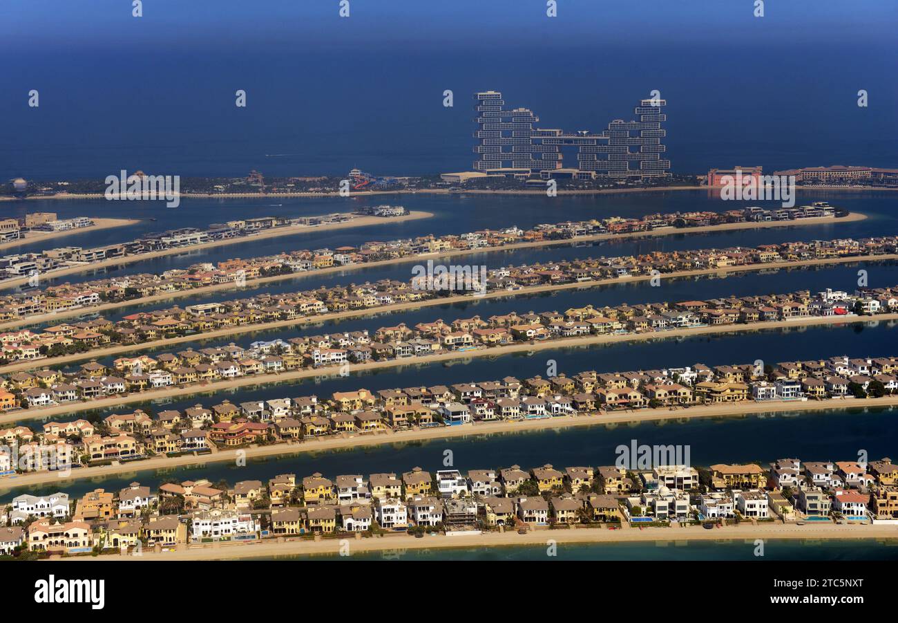 A view of the Palm Jumeirah from the  observation tower - View at t he Palm, Dubai, UAE. Stock Photo