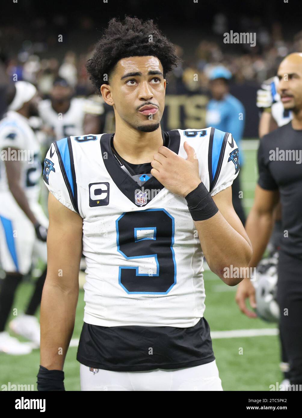 New Orleans, USA. 10th Dec, 2023. Carolina Panthers quarterback Bryce Young (9) looks into the scoreboard during the conclusion of a National Football League game at Caesars Superdome in New Orleans, Louisiana on Sunday, December 10, 2023. (Photo by Peter G. Forest/Sipa USA) Credit: Sipa USA/Alamy Live News Stock Photo