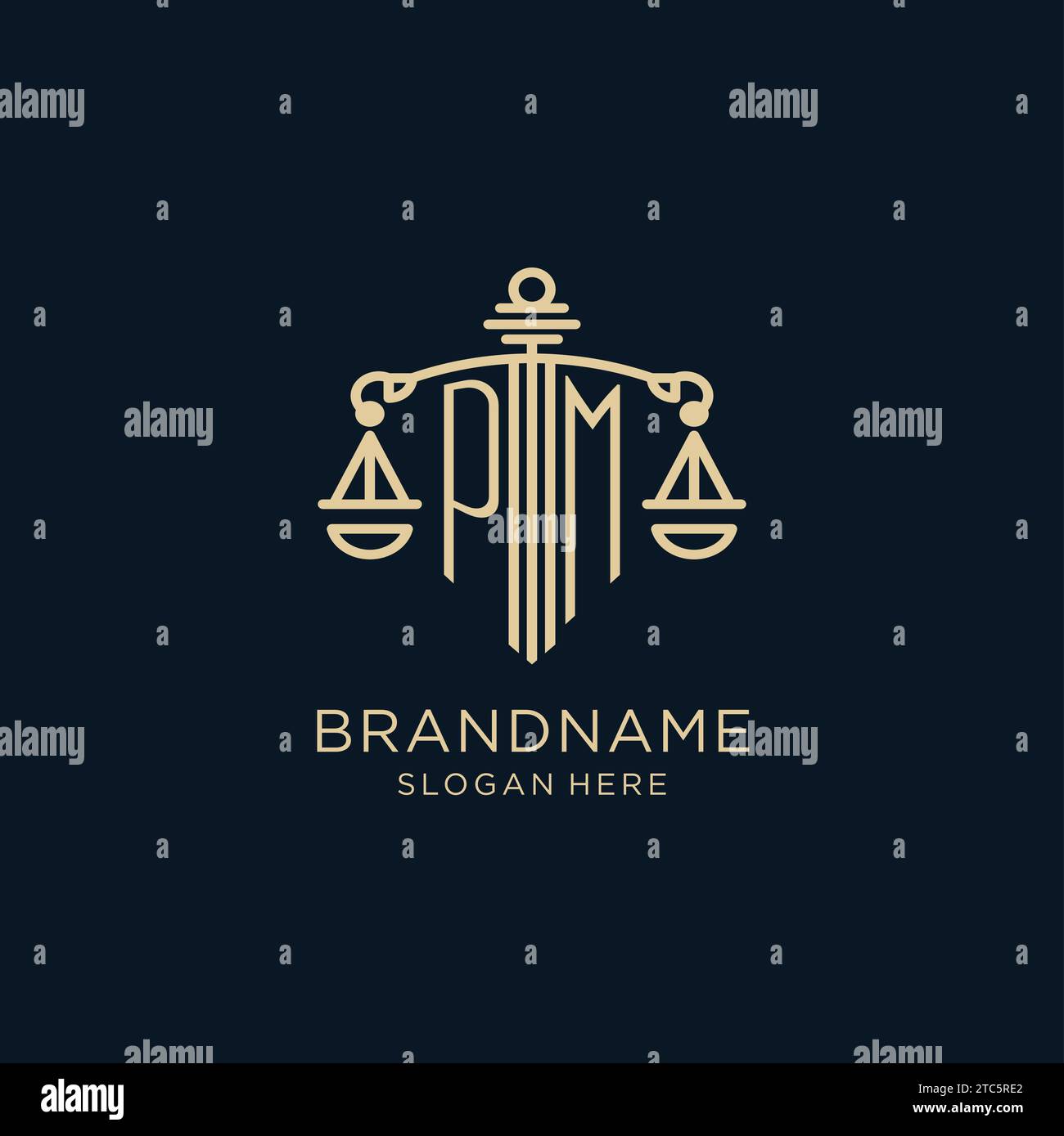Initial PM logo with shield and scales of justice, luxury and modern ...