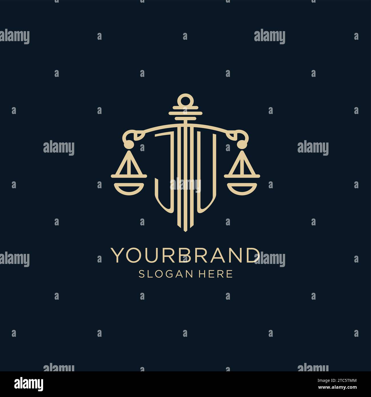 Initial JU logo with shield and scales of justice, luxury and modern ...