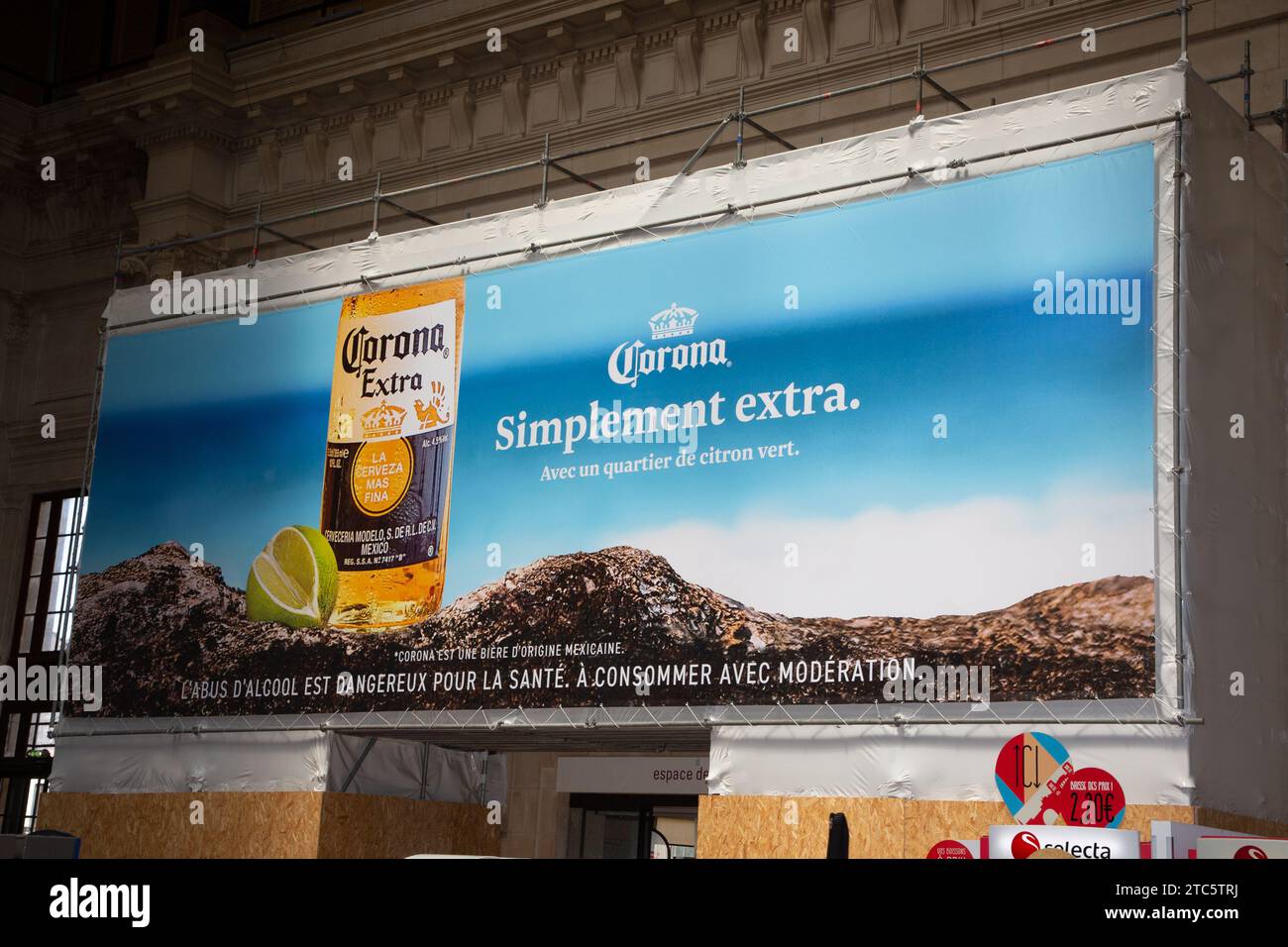 Bordeaux , France - 12 04 2023 : Corona cerveza extra Beer logo brand and text sign on wall texture panel advertising Stock Photo