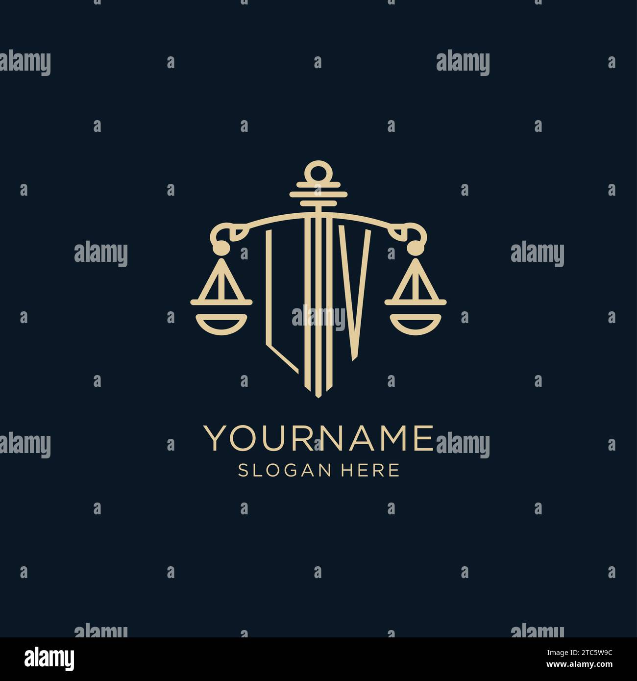 Initial LV logo with shield and scales of justice, luxury and modern ...