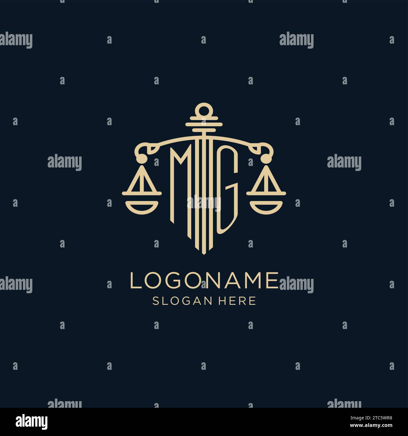 Initial MG logo with shield and scales of justice, luxury and modern ...