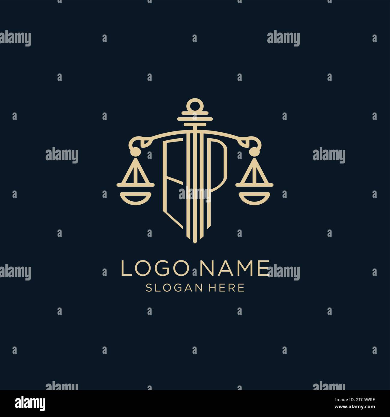 Initial EP logo with shield and scales of justice, luxury and modern ...