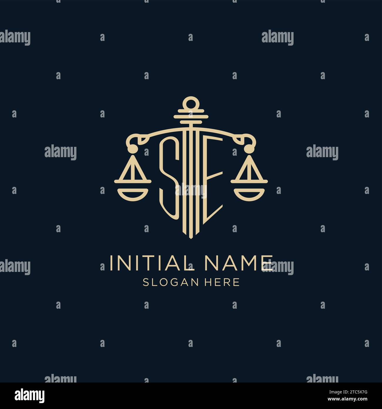 Initial SE logo with shield and scales of justice, luxury and modern ...