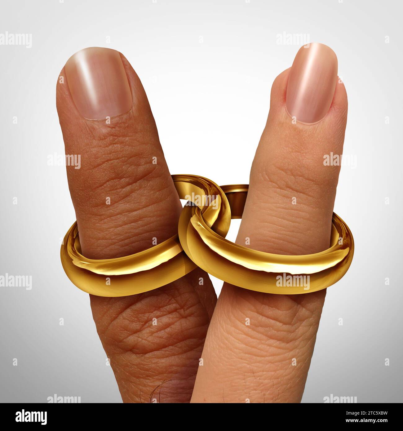Marriage Concept and relationship union as a couples therapy idea or two people married together linked by wedding rings as a partnership trap or life Stock Photo