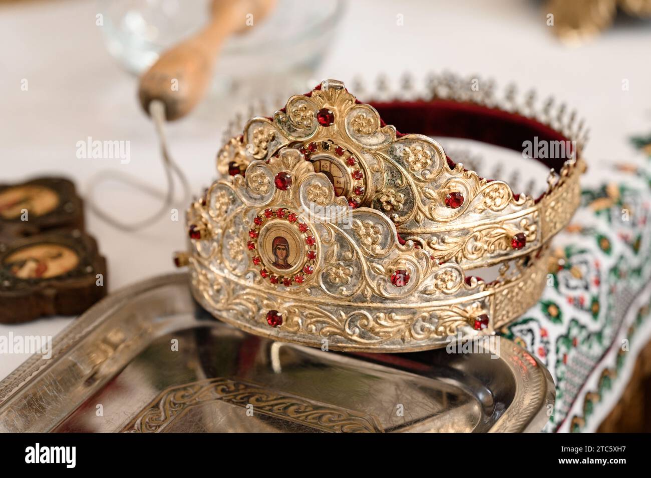 Church crowns for a wedding ceremony in a Christian church, crowns close-up. Stock Photo