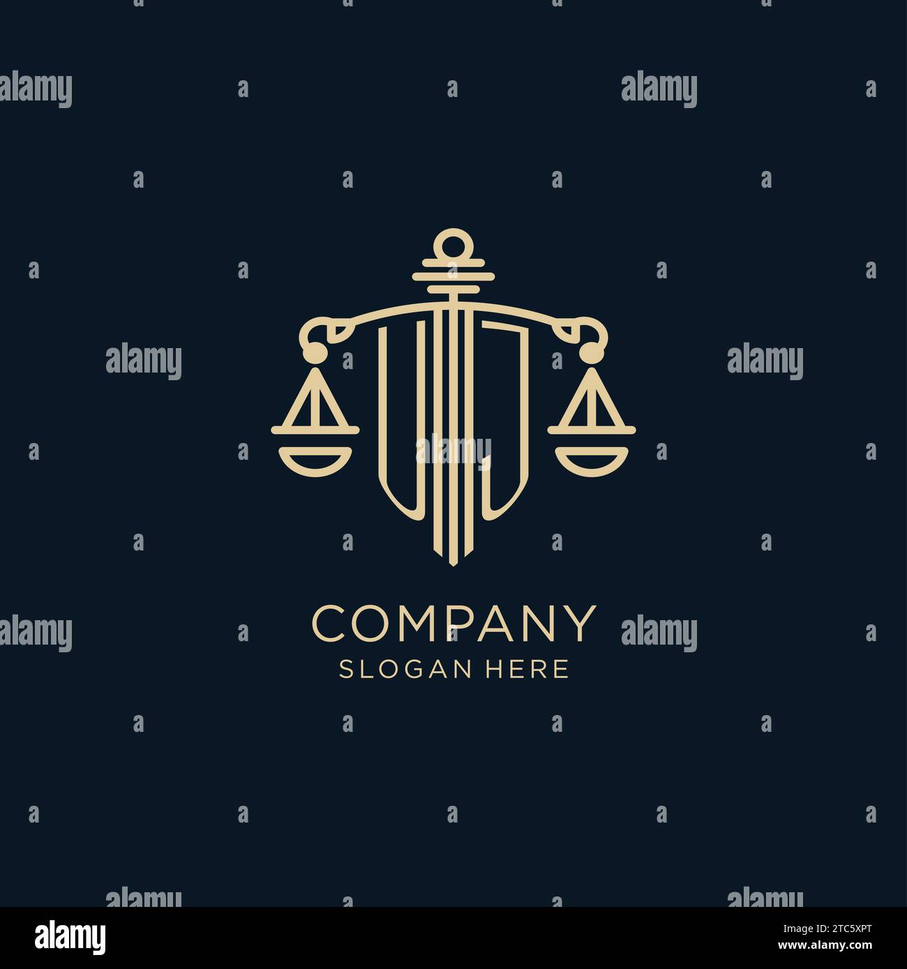 Initial UJ logo with shield and scales of justice, luxury and modern ...