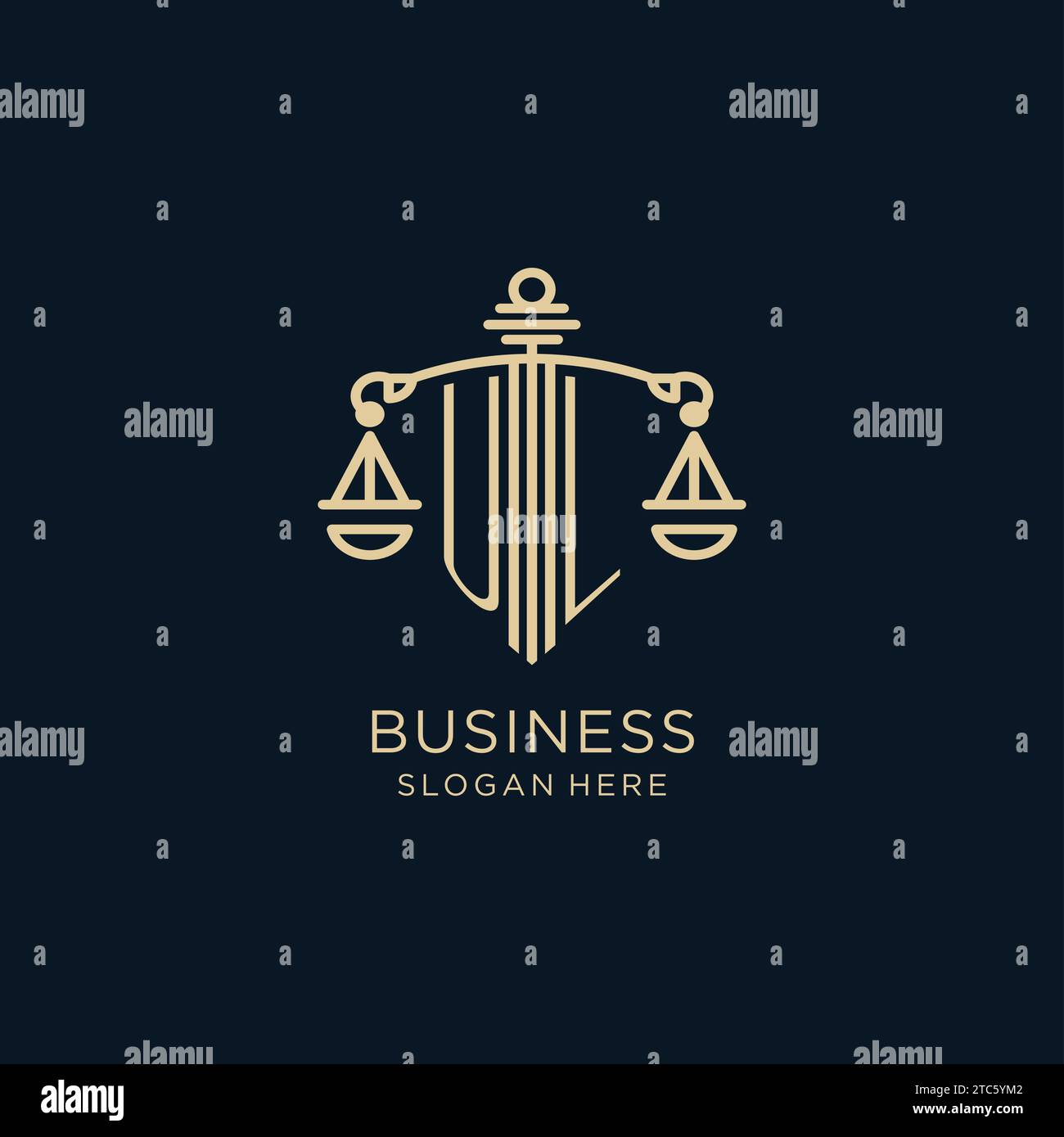 Initial UL logo with shield and scales of justice, luxury and modern ...