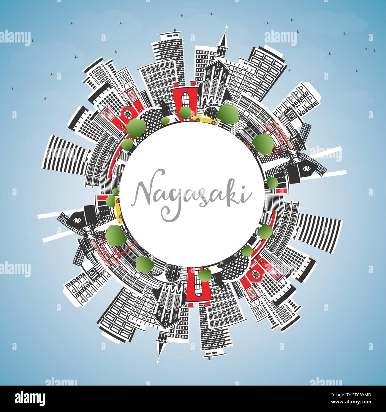 Nagasaki Japan City Skyline with Color Buildings, Blue Sky and Copy Space. Vector Illustration. Nagasaki Cityscape with Landmarks. Stock Vector