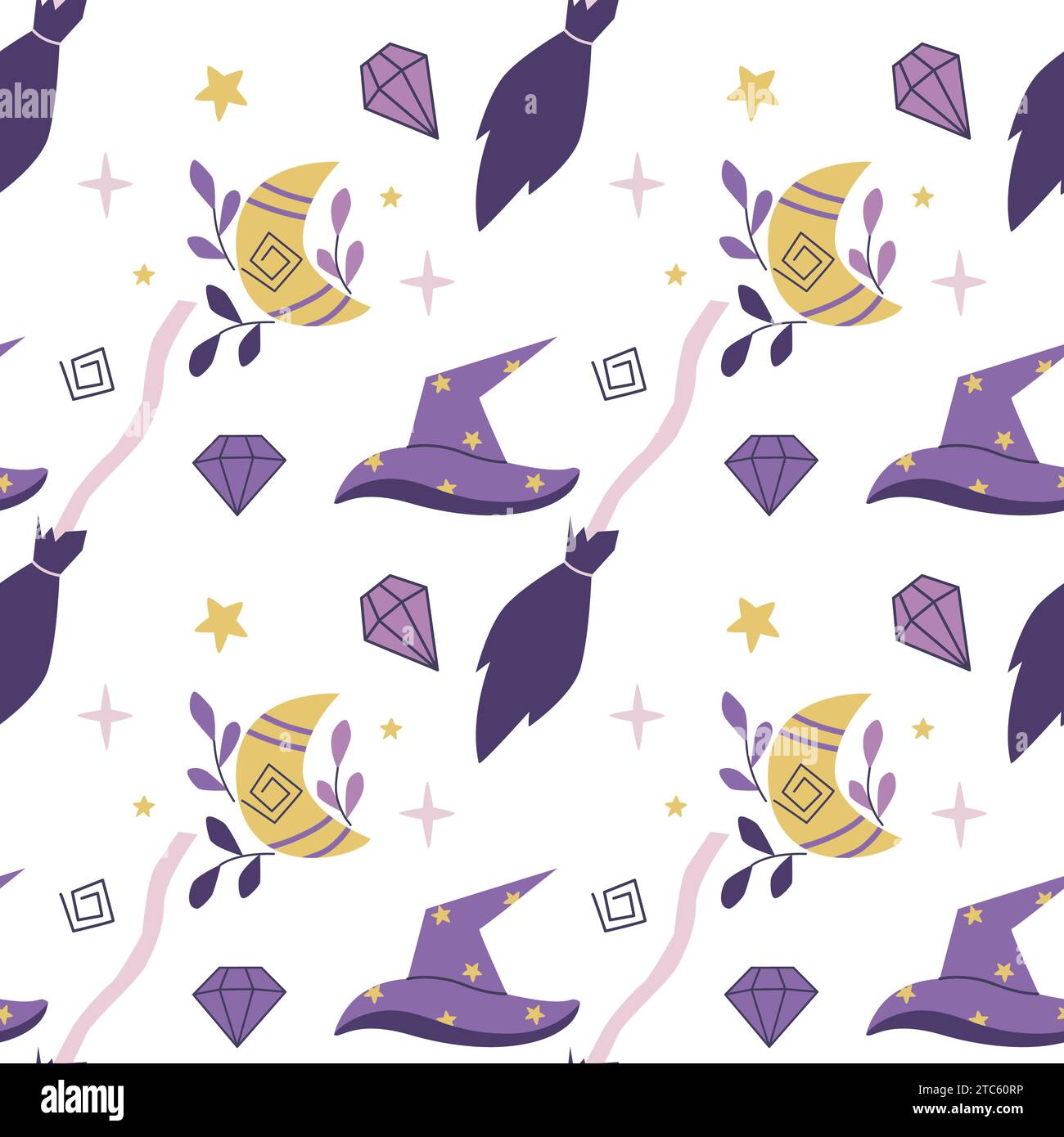 Witch hat and broom magic seamless pattern. Symbols of witchcraft and wizardry background. Hand drawn moon, crystals, magic hat and stars, print Stock Vector