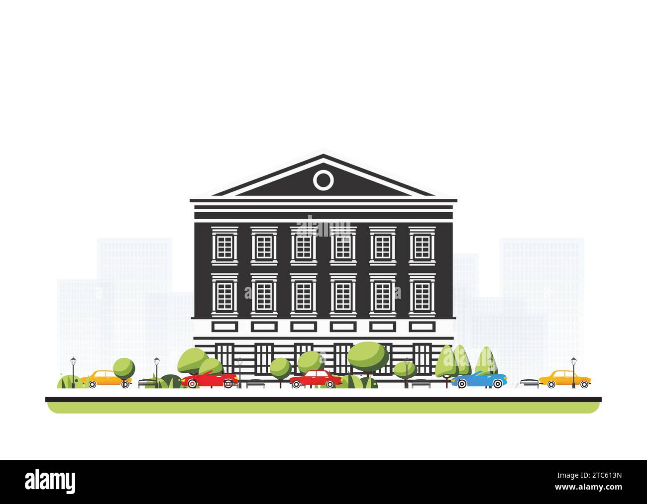 Museum building in flat style with trees and cars. Vector illustration. City scene isolated on white background. Urban architecture. Art gallery. Stock Vector