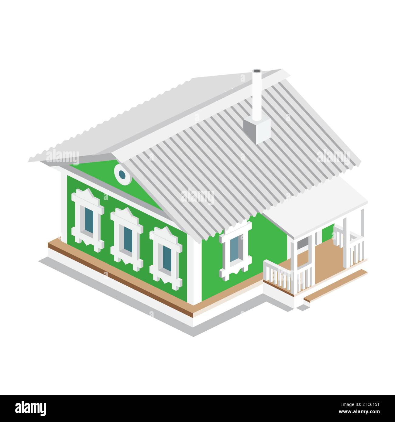 Isometric old russian rural house. Green building isolated on white background. Traditional authentic architectural style. Vector illustration. Stock Vector