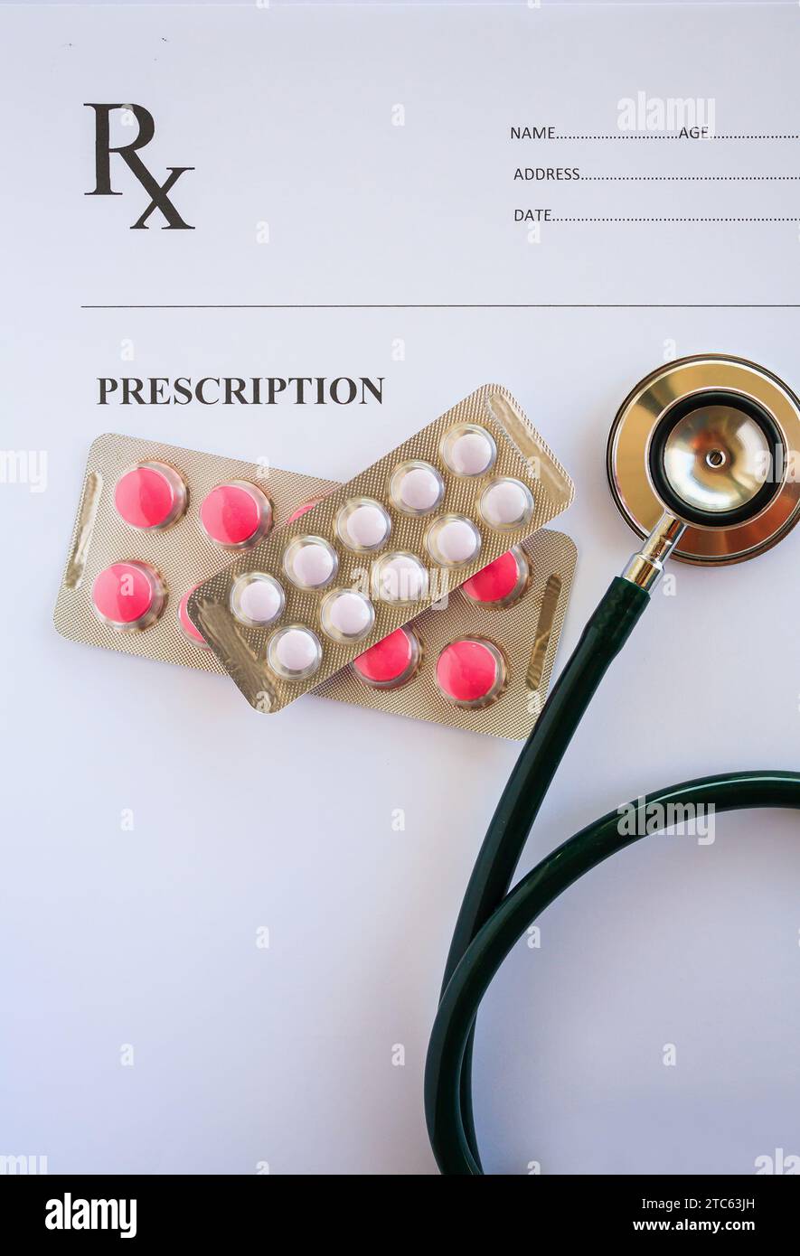 Blank medical prescription with stethoscope and medicine pills Stock ...