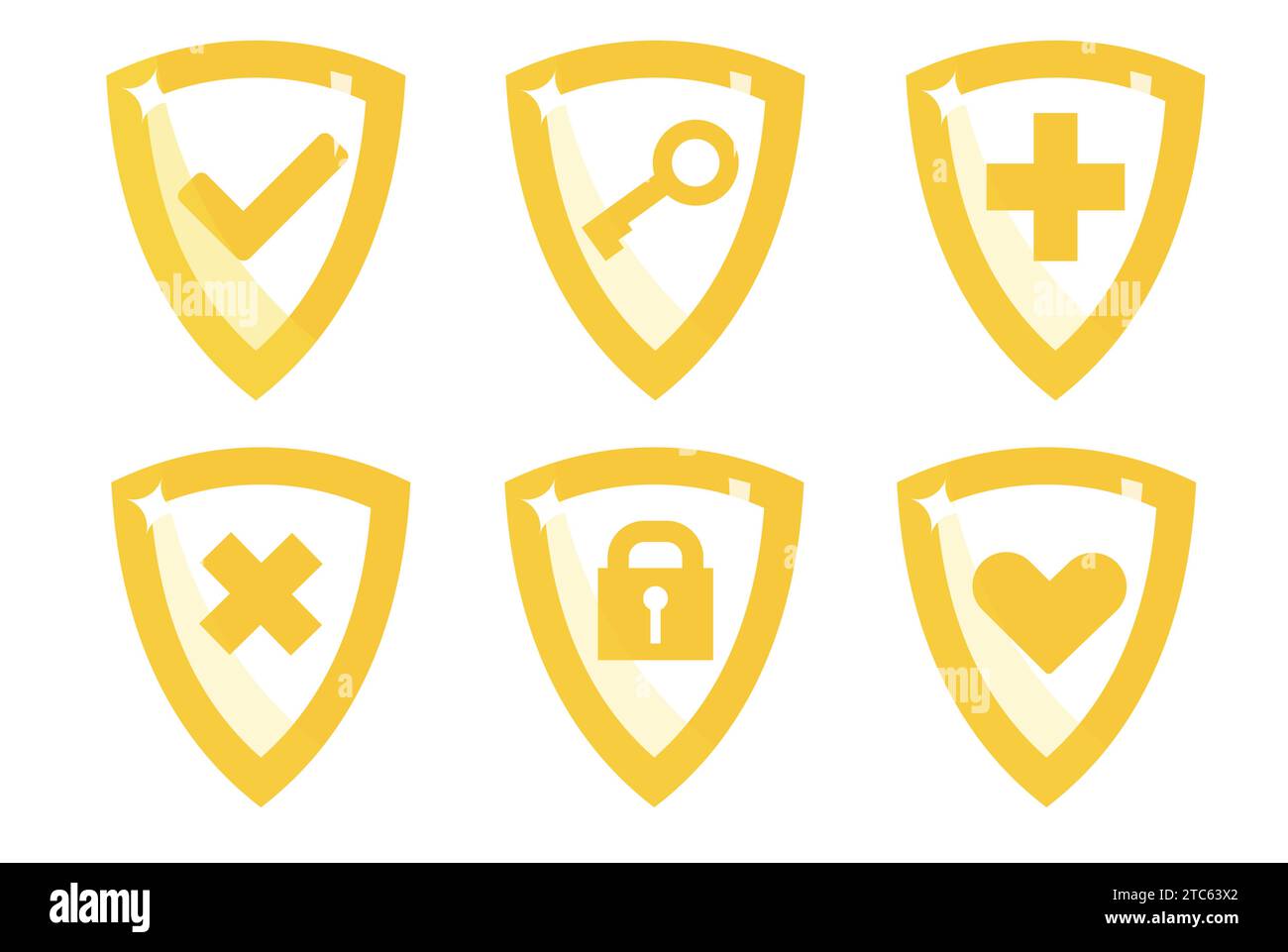 Set of shields with lock, yellow key and padlock, cross, heart and tick ...
