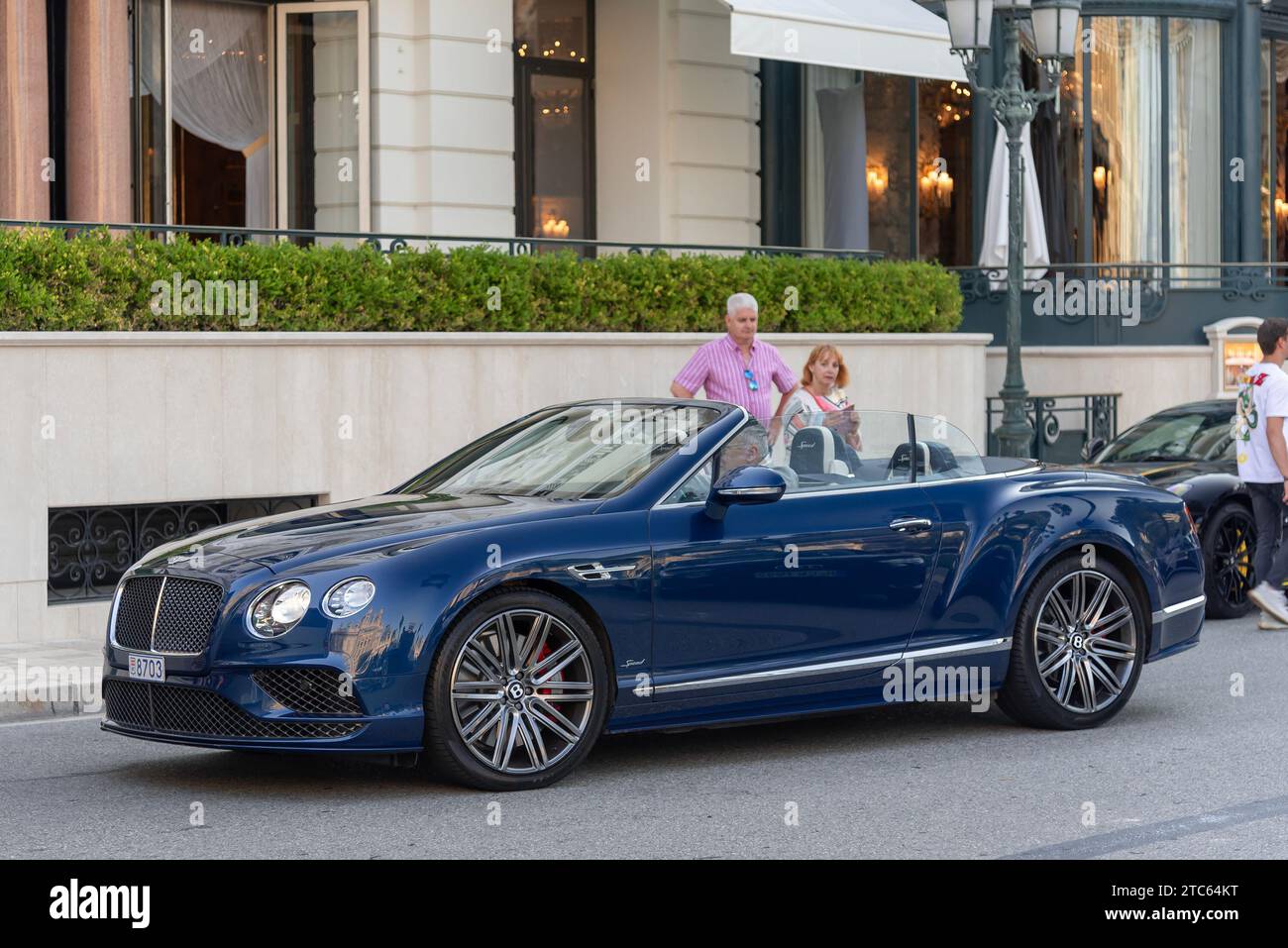 Monaco, Monaco - Blue Bentley Continental GTC Speed parked on Casino Square. Stock Photo