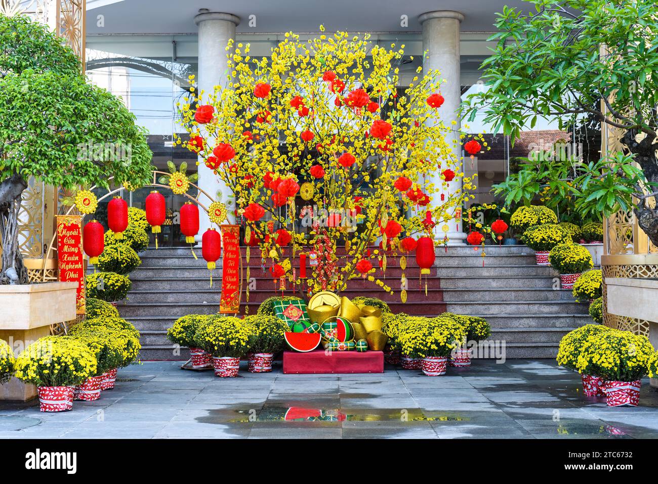 Nha Trang, Vietnam 13 January 2023 decorations and yellow flowers as
