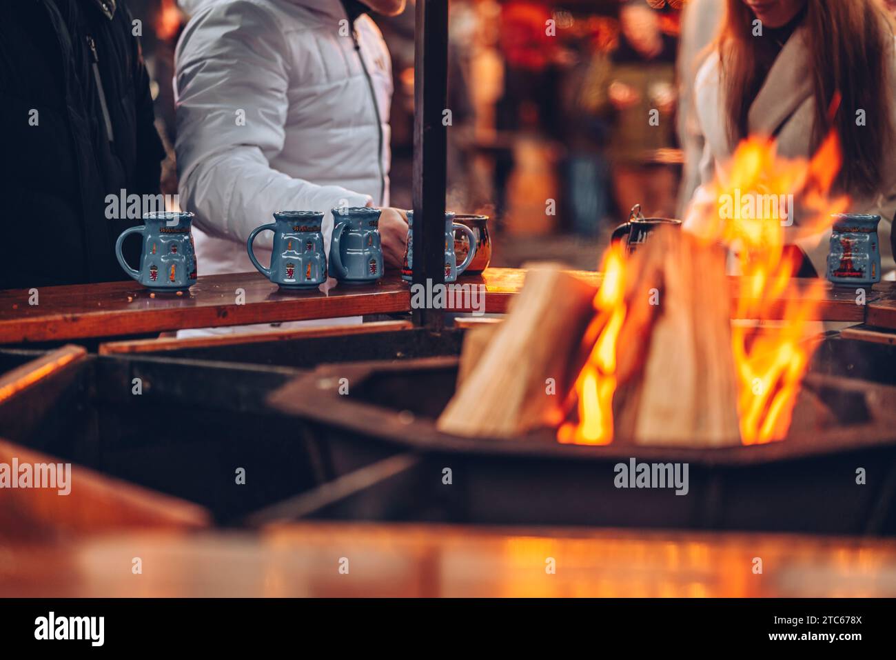 Luxembourg City, 01 December 2023 : Cosy fireplace at the Winterlights Christmas markets in the city Stock Photo